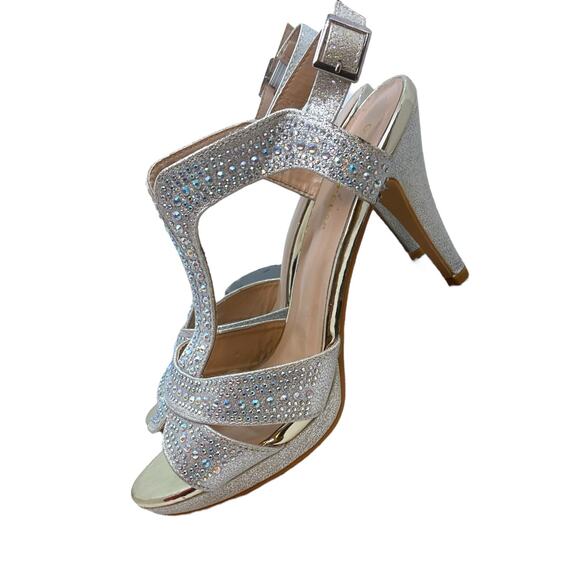 FOREVER Sandal 7.5 M SILVER Rhinestone High Heel Wedding Bling Prom Padded - Picture 2 of 10